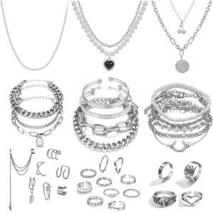 👑Women's Necklace Bracelet Ear Cuffs Earring 36 PC Silver Plated Jewelry Set